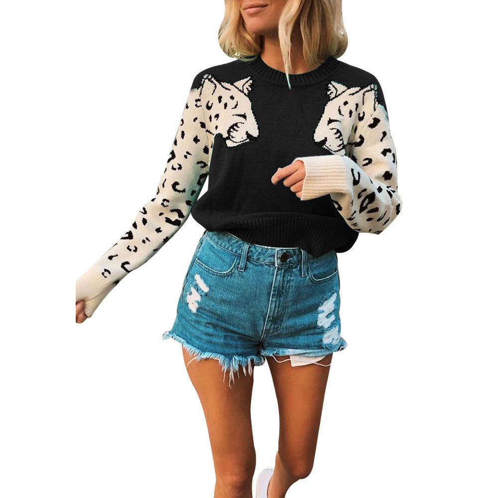 Damen modischer Strickpullover mit tierischem Motiv und farblich abgesetzten Ärmeln EB