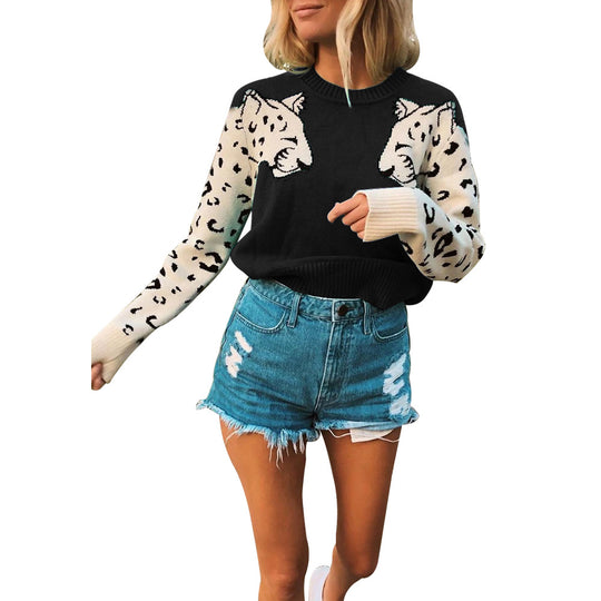 Damen modischer Strickpullover mit tierischem Motiv und farblich abgesetzten Ärmeln EB