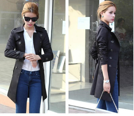 Damen modischer Trenchcoat mit tailliertem Schnitt und doppelter Knopfreihe EB