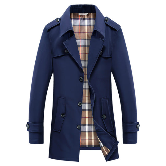 Herren klassischer Trenchcoat mit kariertem Innenfutter, Schulterklappen und wasserabweisender Oberfläche EB