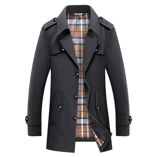 Herren klassischer Trenchcoat mit kariertem Innenfutter, Schulterklappen und wasserabweisender Oberfläche EB