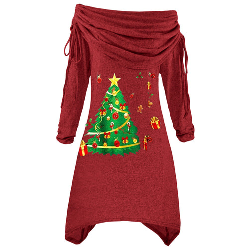 Damen lässiges Weihnachtskleid mit schulterfreiem Design und festlichem Druck EB