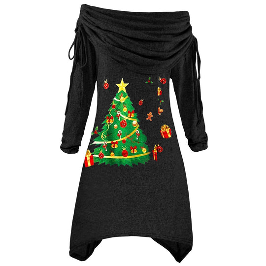 Damen lässiges Weihnachtskleid mit schulterfreiem Design und festlichem Druck EB