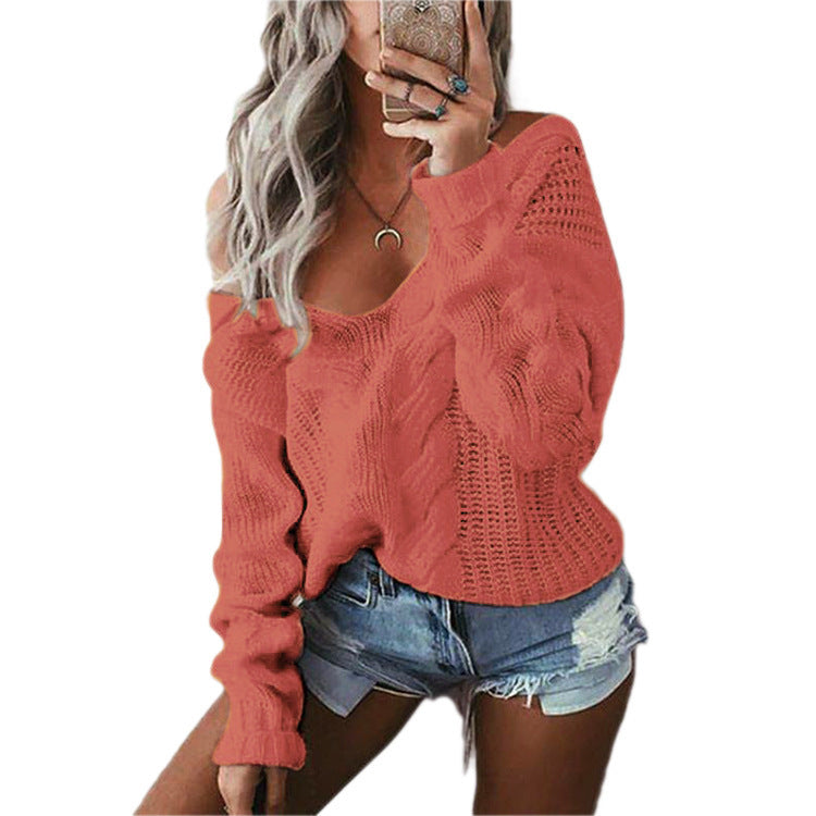 Damen lässiger Strickpullover mit offener Schulter und voluminösen Ärmeln EB