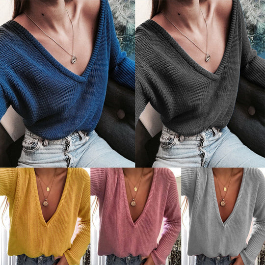 Damen kuscheliger Strickpullover mit V-Ausschnitt und lässigem Schnitt EB