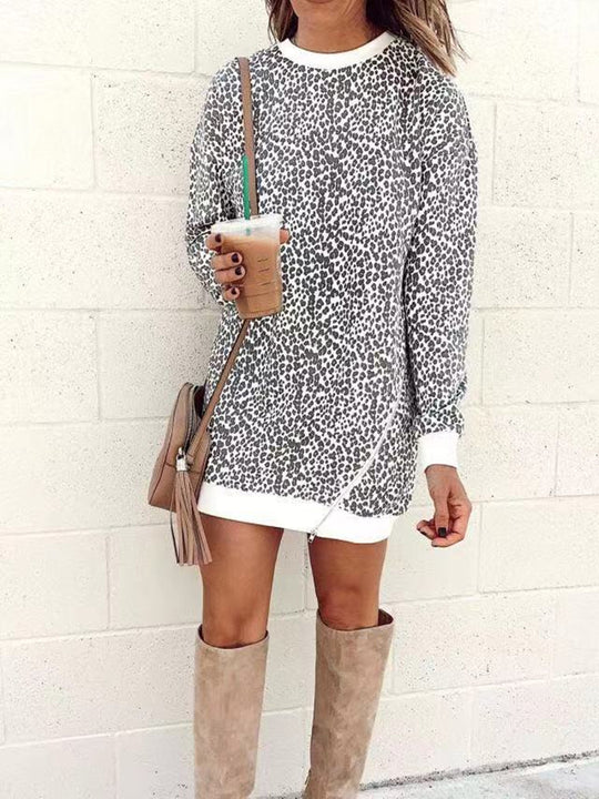 Damen Sweatkleid im lässigen Leopardenmuster mit weitem Schnitt EB