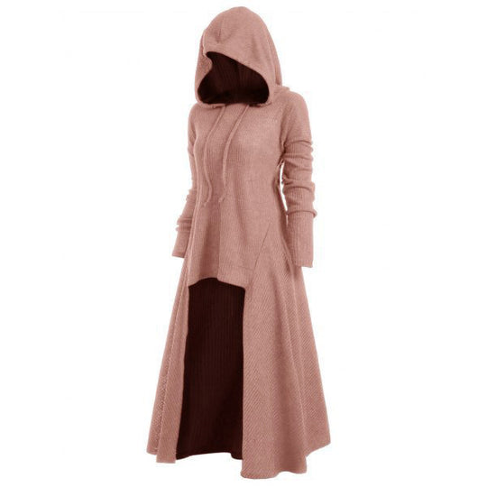 Damen nan gestrickter Kapuzenmantel mit ausgestelltem Maxirock und asymmetrischem Saum EB