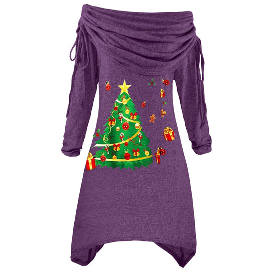 Damen lässiges Weihnachtskleid mit schulterfreiem Design und festlichem Druck EB