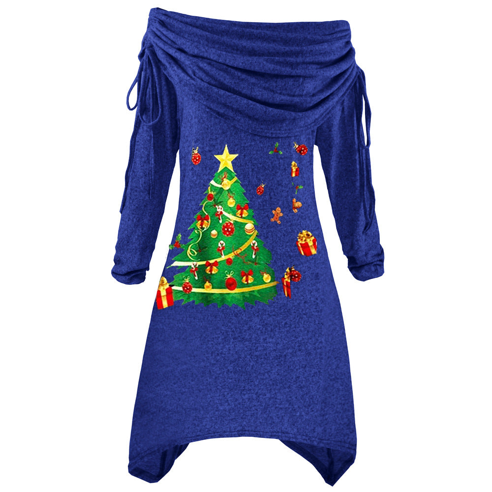 Damen lässiges Weihnachtskleid mit schulterfreiem Design und festlichem Druck EB