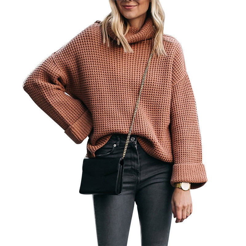 Damen Grobstrickpullover mit hohem Kragen und lässigem Schnitt EB
