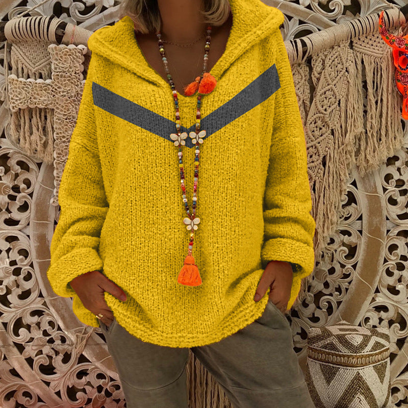 Damen Grobstrick Pullover mit Kapuze und dekorativem Detail EB