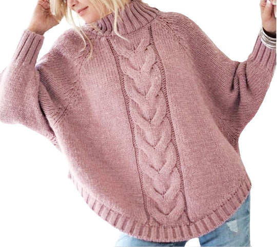 Damen modischer Strickpullover mit Zopfmuster und hohem Kragen EB