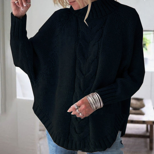 Damen modischer Strickpullover mit Zopfmuster und hohem Kragen EB