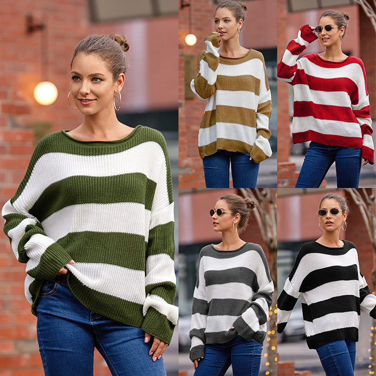 Damen Strickpullover mit breiten Streifen und lockerer Passform EB