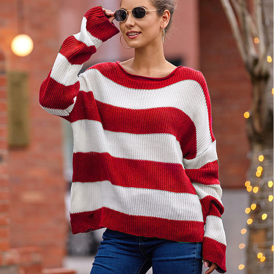 Damen Strickpullover mit breiten Streifen und lockerer Passform EB