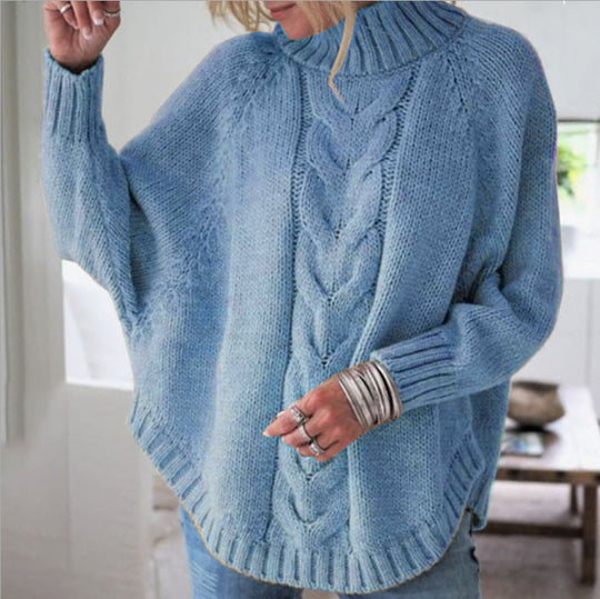 Damen modischer Strickpullover mit Zopfmuster und hohem Kragen EB