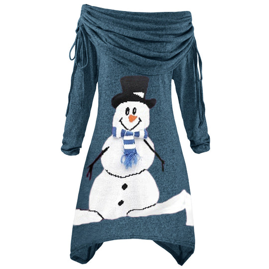Damen lässiges Weihnachtskleid mit schulterfreiem Design und Schneemann-Motiv EB