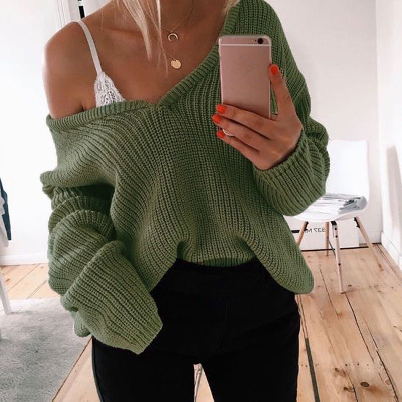 Damen Grobstrickpullover mit tiefem V-Ausschnitt und lässiger Passform EB