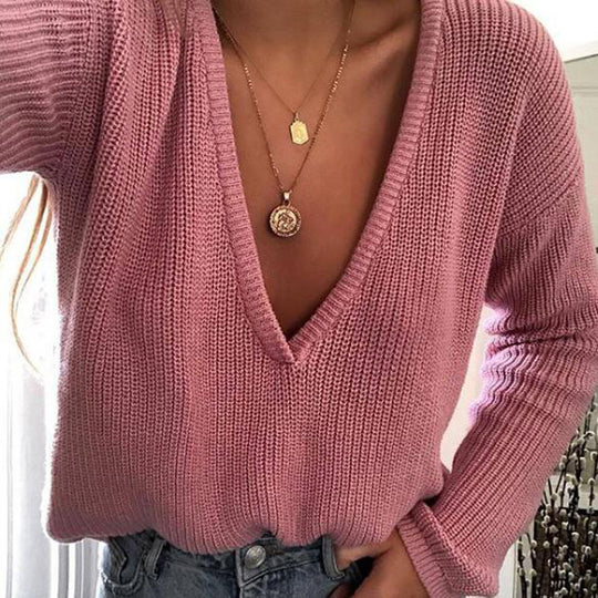 Damen kuscheliger Strickpullover mit V-Ausschnitt und lässigem Schnitt EB