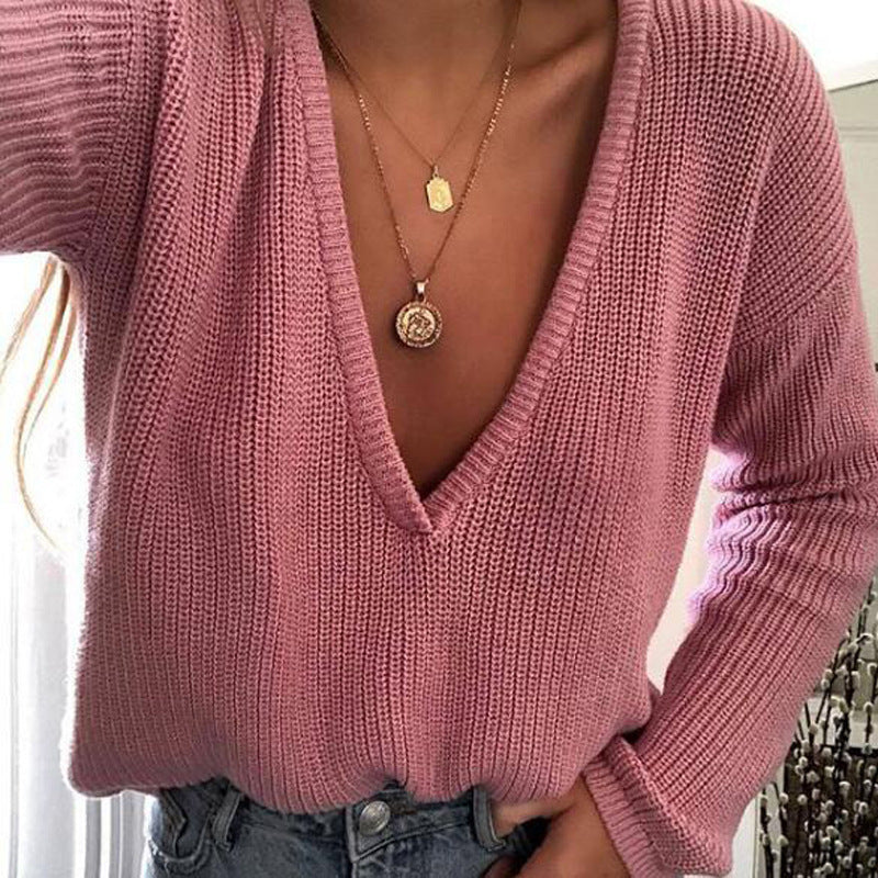 Damen Grobstrickpullover mit tiefem V-Ausschnitt und lässiger Passform EB
