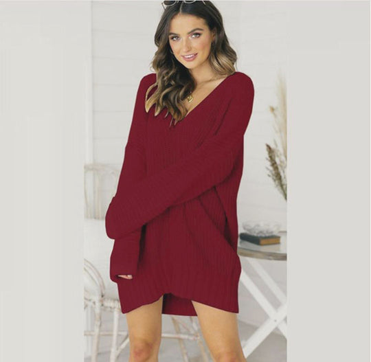 Damen lässiger Strickpullover mit tiefem V-Ausschnitt und überschnittenen Schultern EB