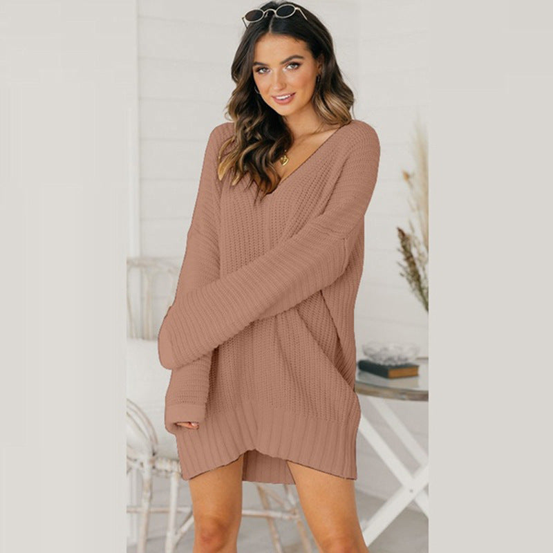 Damen lässiger Strickpullover mit tiefem V-Ausschnitt und überschnittenen Schultern EB
