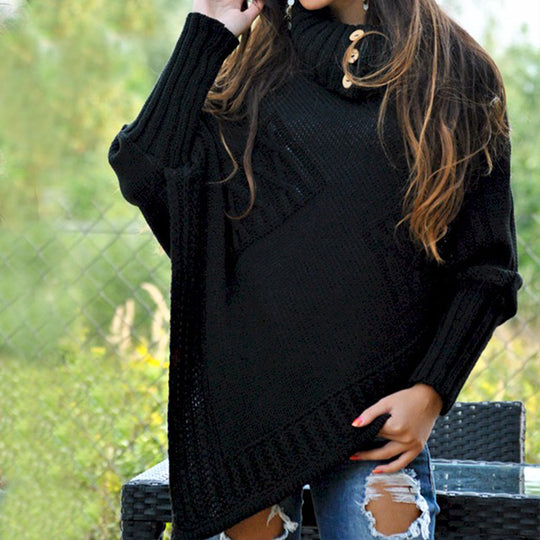 Damen modischer Strickpullover mit hohem Kragen und dekorativen Knöpfen EB