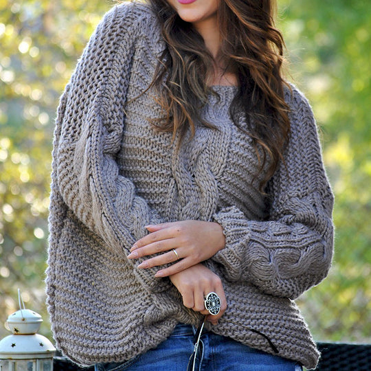 Damen Kuscheliger Strickpullover mit strukturiertem Zopfmuster und voluminösen Ärmeln EB