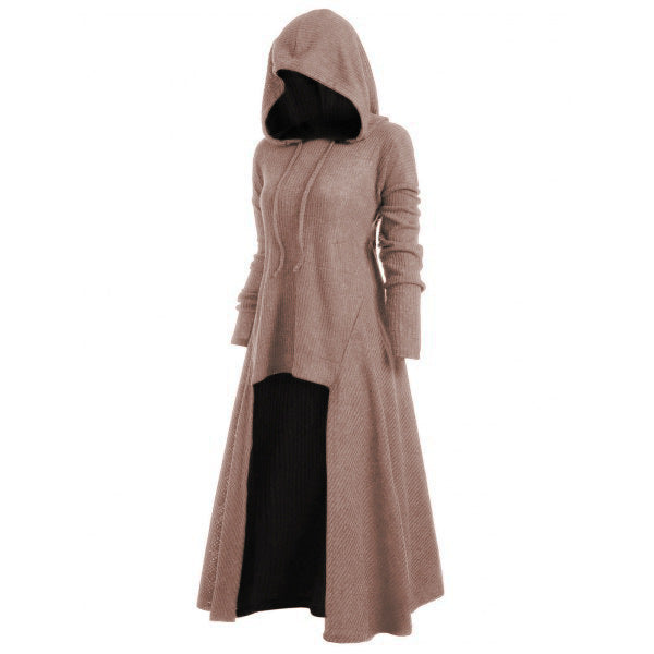 Damen nan gestrickter Kapuzenmantel mit ausgestelltem Maxirock und asymmetrischem Saum EB