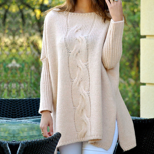 Damen Grobstrickpullover mit romantischem Zopfmuster und weitem Schnitt EB