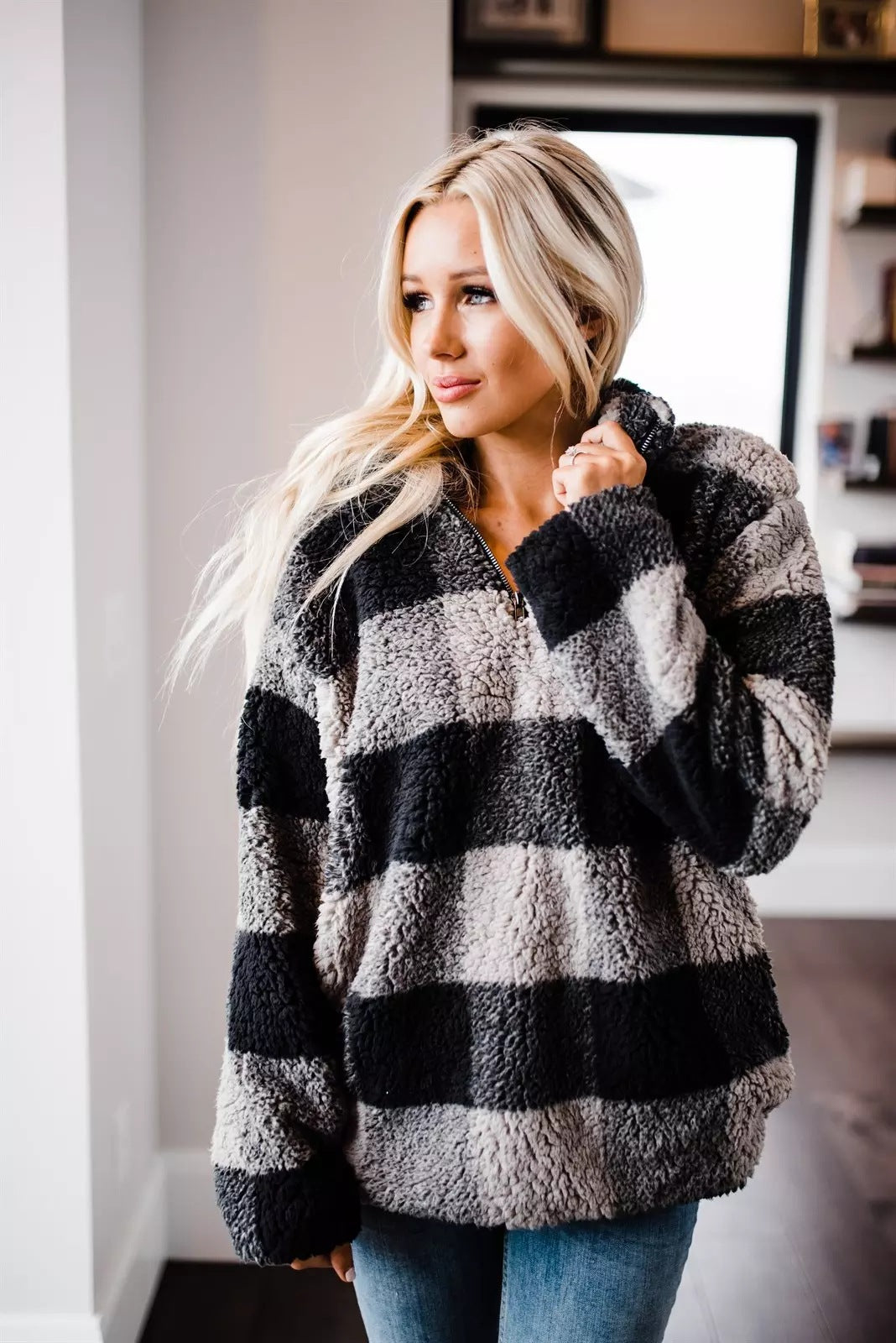 Damen gemütlicher Fleece-Pullover mit hochgeschlossenem Kragen EB
