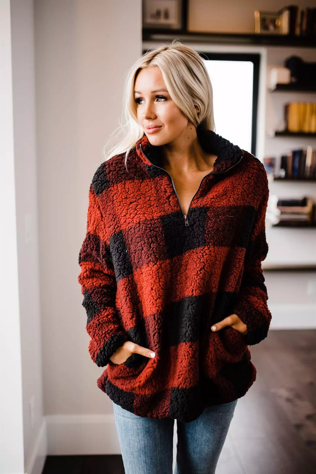 Damen gemütlicher Fleece-Pullover mit hochgeschlossenem Kragen EB
