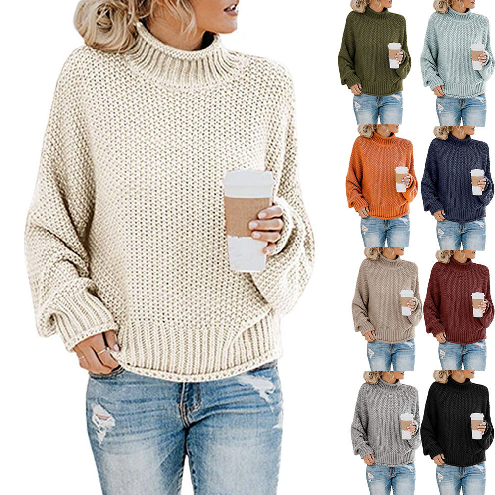 Damen nan Oversize Strickpullover mit Rollkragen, grobem Strukturstrick und Ballonärmeln EB