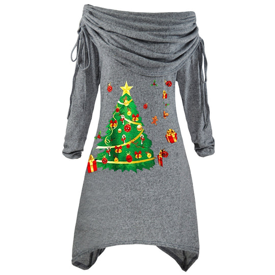 Damen lässiges Weihnachtskleid mit schulterfreiem Design und festlichem Druck EB