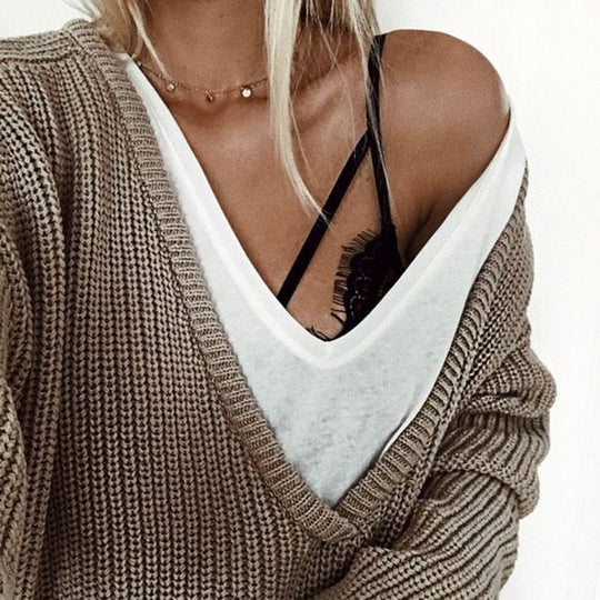 Damen Grobstrickpullover mit tiefem V-Ausschnitt und lässiger Passform EB