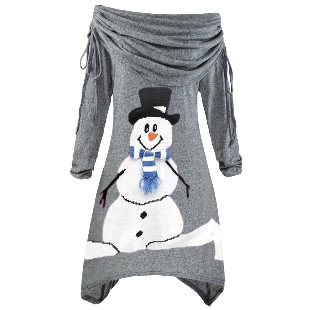 Damen lässiges Weihnachtskleid mit schulterfreiem Design und Schneemann-Motiv EB