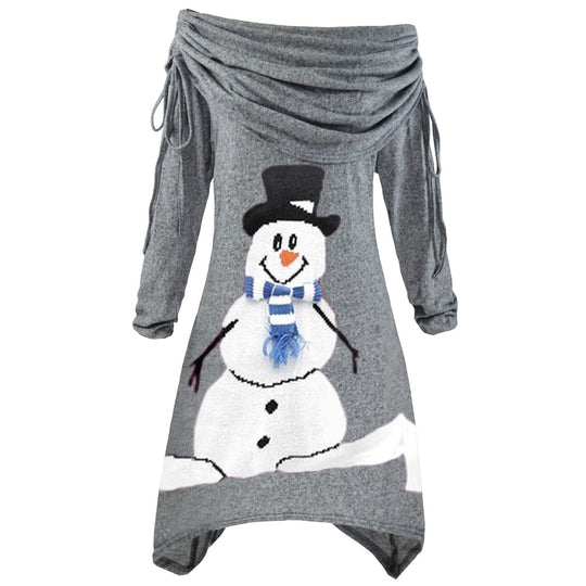 Damen lässiges Weihnachtskleid mit schulterfreiem Design und Schneemann-Motiv EB