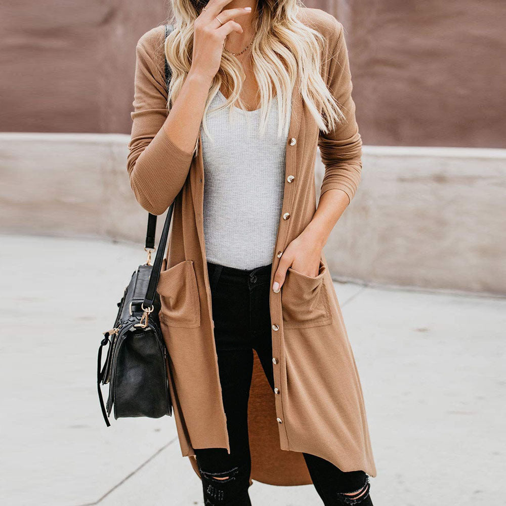 Damen langer Cardigan mit Knopfleiste und Taschen EB