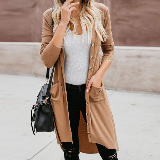 Damen langer Cardigan mit Knopfleiste und Taschen EB