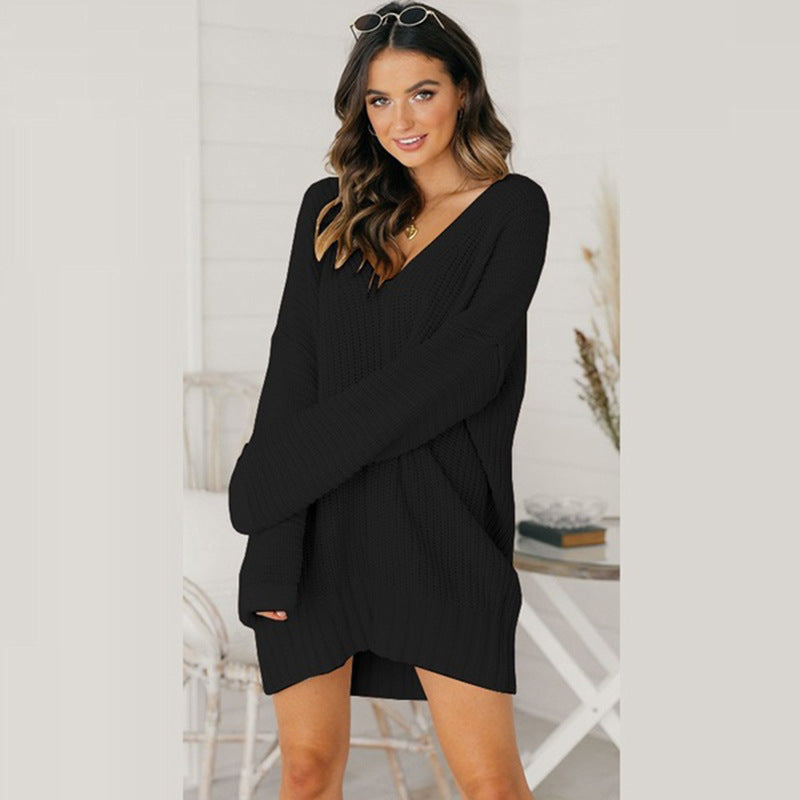 Damen lässiger Strickpullover mit tiefem V-Ausschnitt und überschnittenen Schultern EB