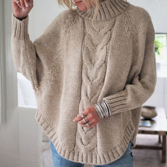Damen modischer Strickpullover mit Zopfmuster und hohem Kragen EB