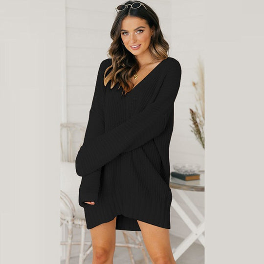 Damen lässiger Strickpullover mit tiefem V-Ausschnitt und überschnittenen Schultern EB