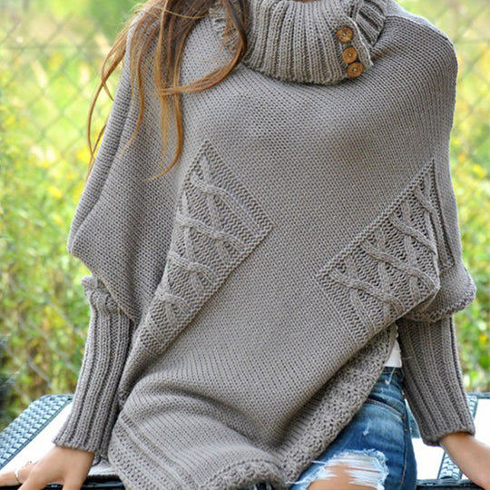Damen Strickponcho mit hohem Kragen und Knopfdetails EB