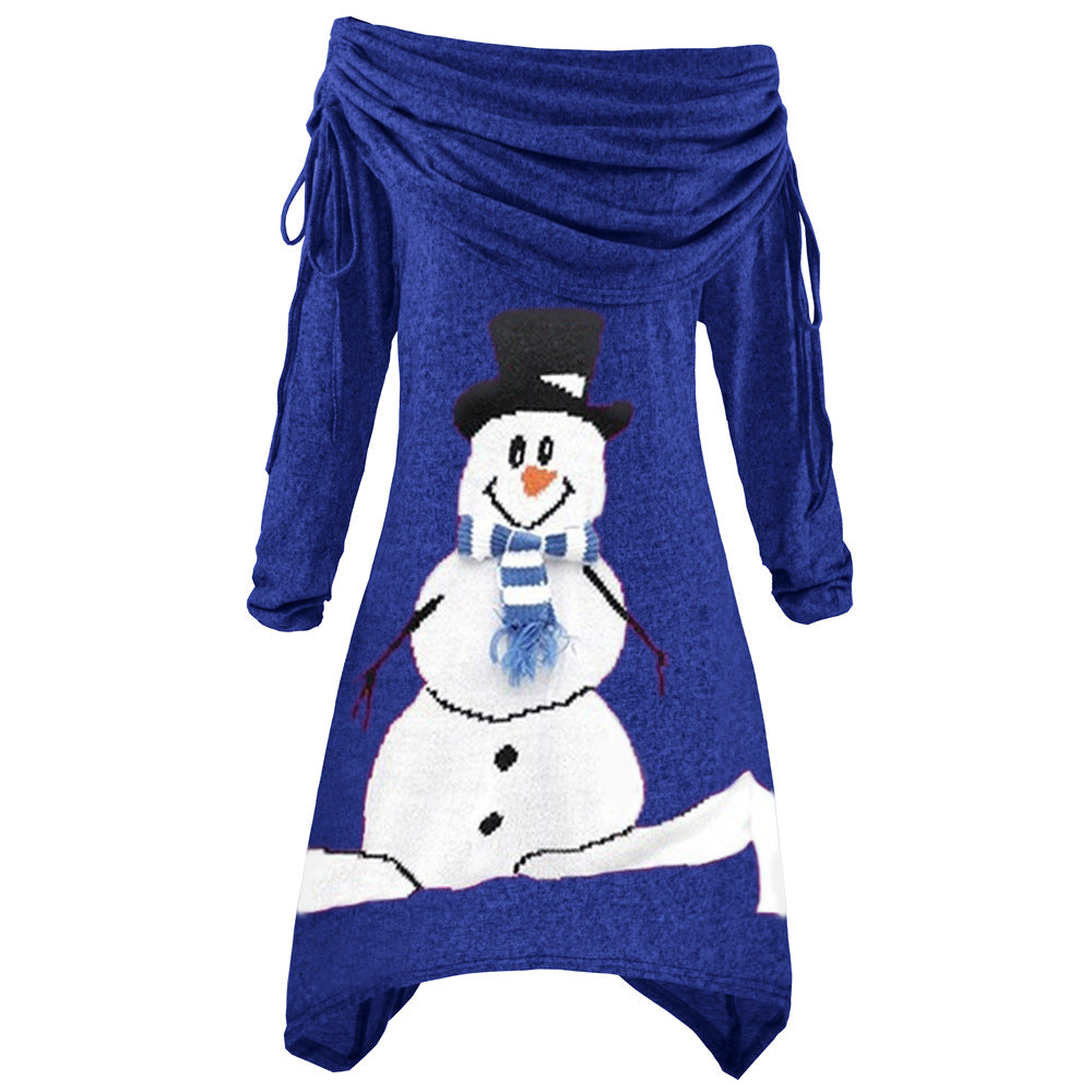 Damen lässiges Weihnachtskleid mit schulterfreiem Design und Schneemann-Motiv EB
