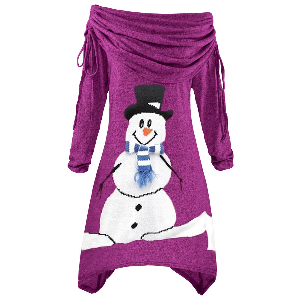 Damen lässiges Weihnachtskleid mit schulterfreiem Design und Schneemann-Motiv EB