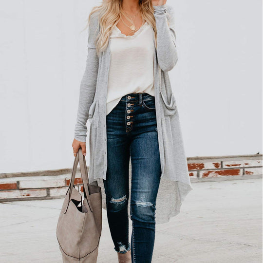 Damen langer Cardigan mit Knopfleiste und Taschen EB