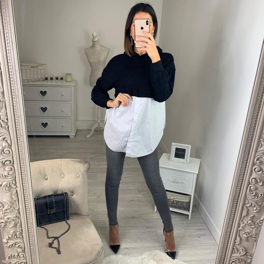 Damen Cropped Hoodie mit modischer Hemdbluse kombiniert EB