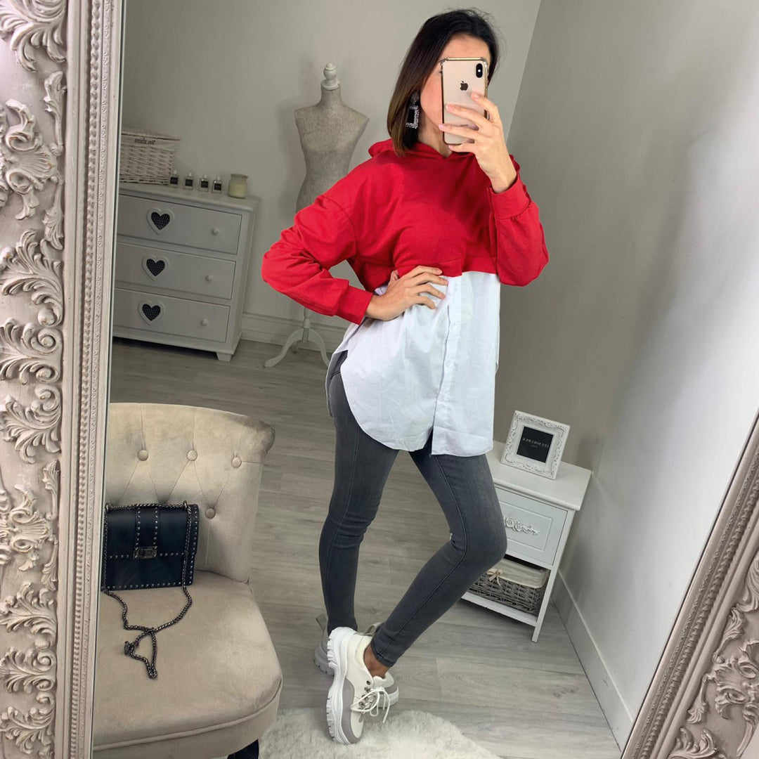 Damen Cropped Hoodie mit modischer Hemdbluse kombiniert EB