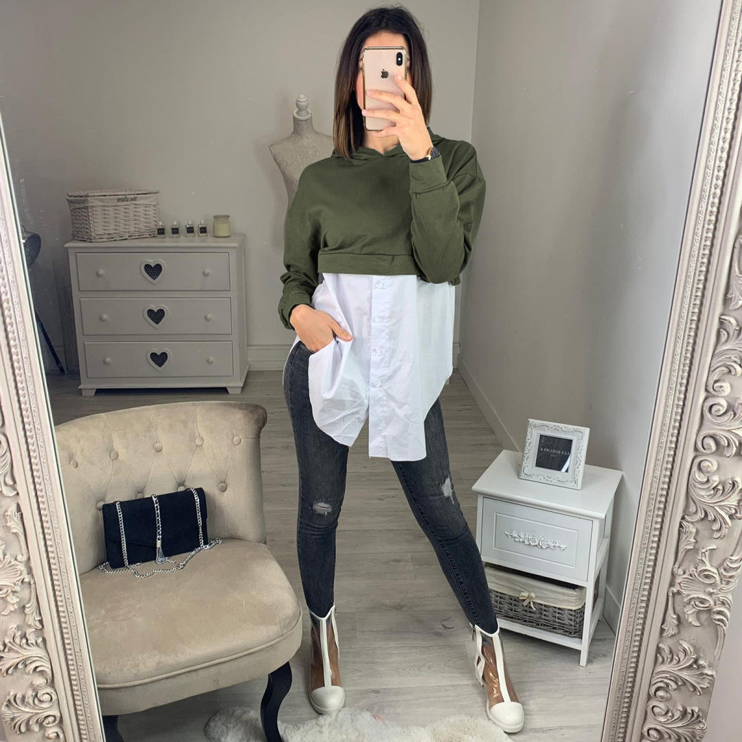 Damen Cropped Hoodie mit modischer Hemdbluse kombiniert EB