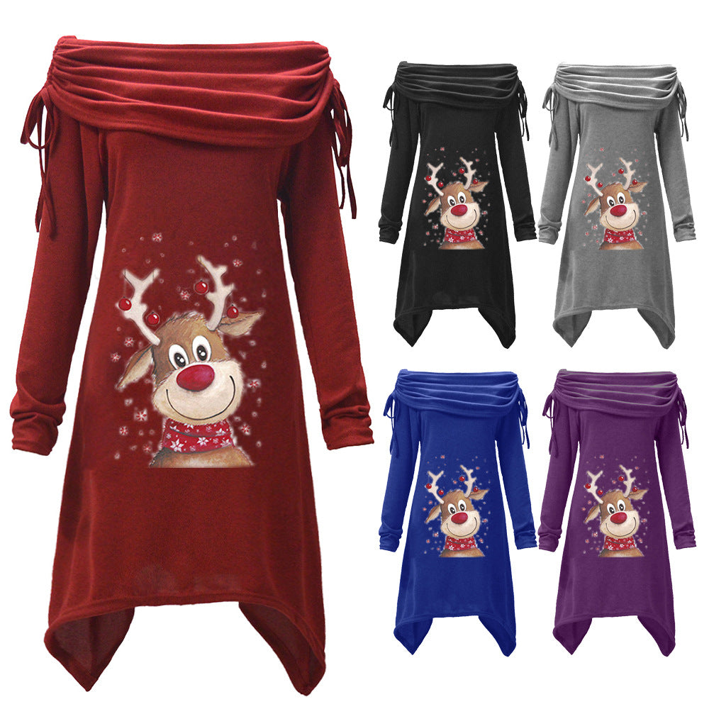 Damen Freizeitkleid mit schulterfreiem Design und verspieltem Rentier-Motiv EB
